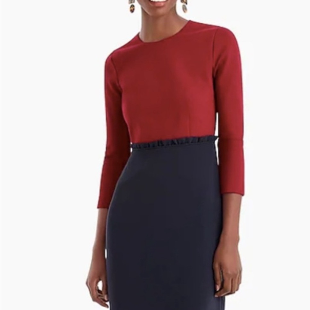 J Crew Burgundy Navy Color Block Midi Sheath Dress Ruffle Waist Accent Size 6P